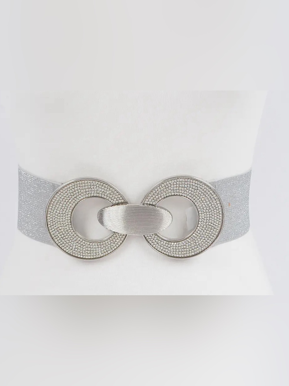 Silver Elastic Waist Belt with Rhinestone Circle Buckle